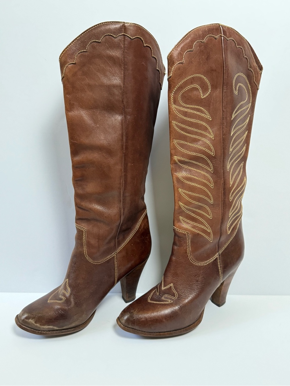 Vintage 70s Western Brown Leather Embroidered Cowboy/Cowgirl Boots 10B Frye?